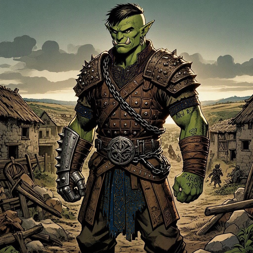 angular, crosshatch, ligne claire comic style. A charismatic green-skinned Orc, dressed with one thick chain diagonally, right shoulder to left waist, across heavy squarish rugged studded leather armor over occult arcane jerkin, in a rugged plains village, broken walls. He has a spiked heavy mail gauntlet on one right hand, the other bare with knuckle tattoos. He has wide shoulders, his hair in a side-shave cut. A sly grin on his face. long shot